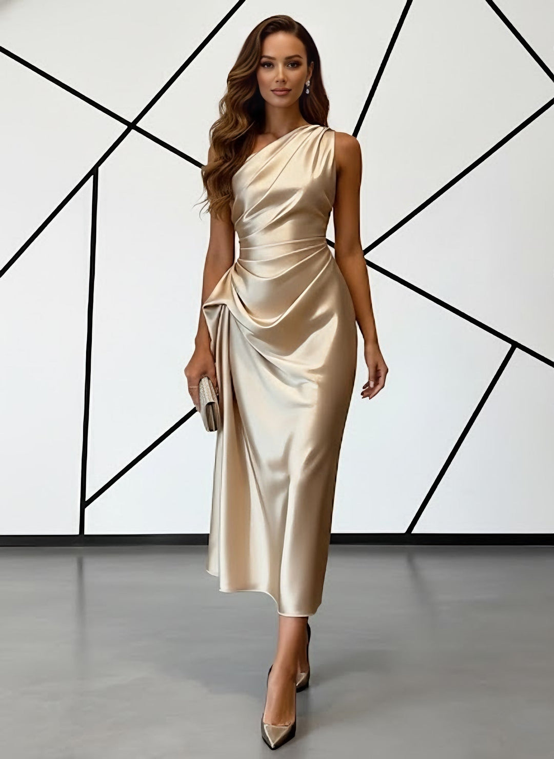 Sheath/Column One-Shoulder Silk Satin Cocktail Dresses Sleeveless Tea-Length Ruched Formal Dresses