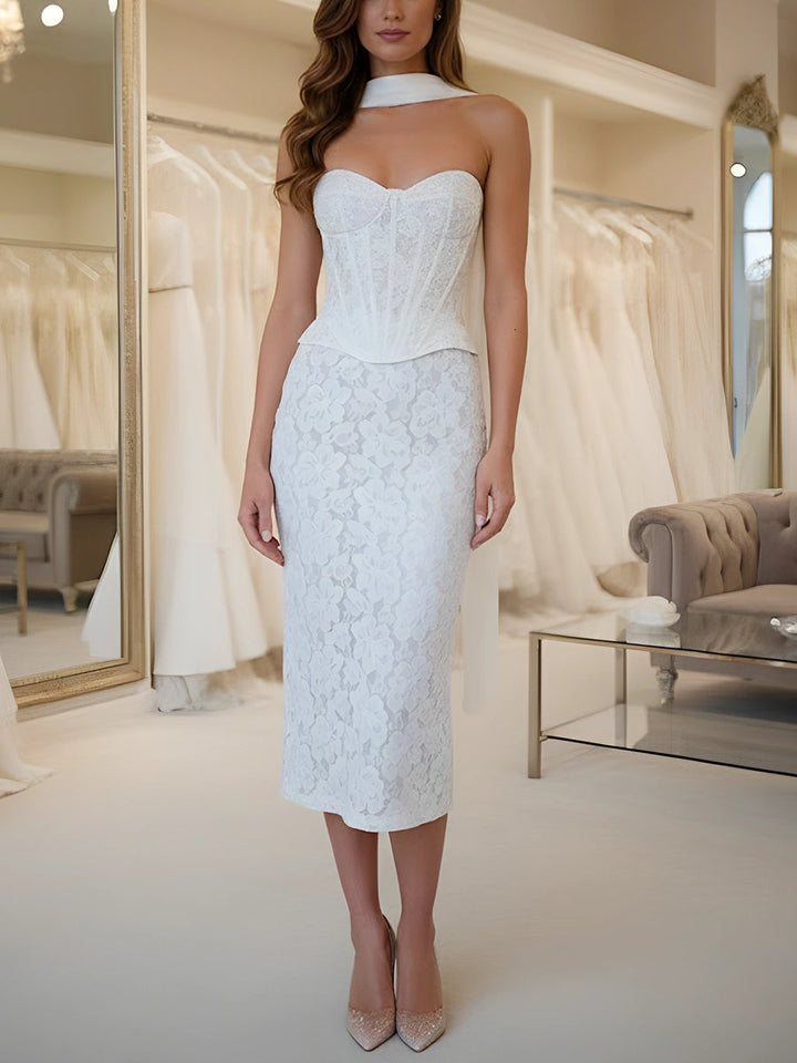 Sheath/Column Strapless Lace Cocktail Dresses with Neck Scarf Sleeveless Tea-Length Formal Dresses