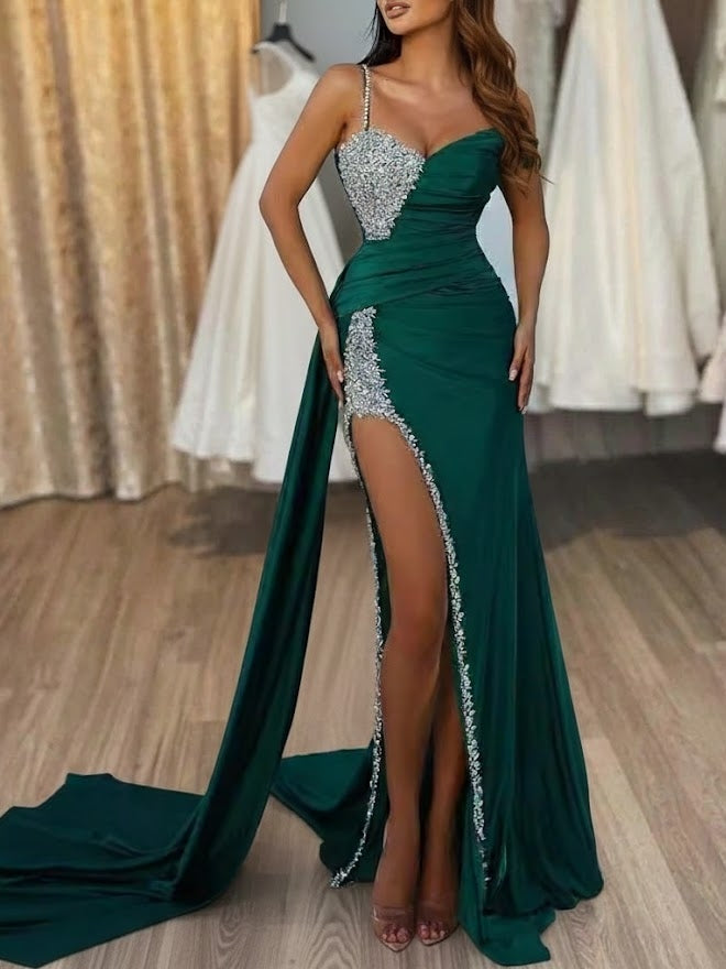 Sheath/Column Off-the-Shoulder Satin Evening Dresses with Split Side Watteau Train Sleeveless Sweep Train Floor-Length Party Dresses