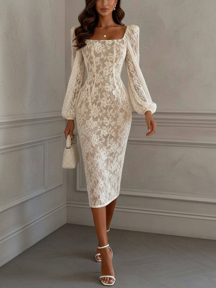 Sheath/Column Square Collar Lace Cocktail Dresses Tea-Length Long Sleeves Formal Dresses