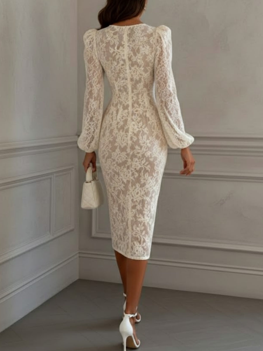 Sheath/Column Square Collar Lace Cocktail Dresses Tea-Length Long Sleeves Formal Dresses
