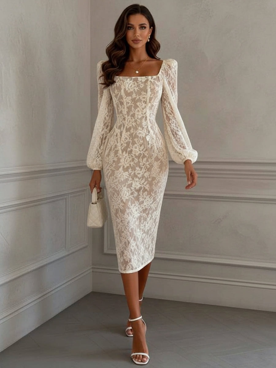 Sheath/Column Square Collar Lace Cocktail Dresses Tea-Length Long Sleeves Formal Dresses