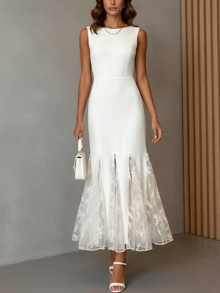 Trumpet/Mermaid Boat Neck Stretch Satin Cocktail Dresses Ankle-Length Lace Sleeveless Formal Dresses