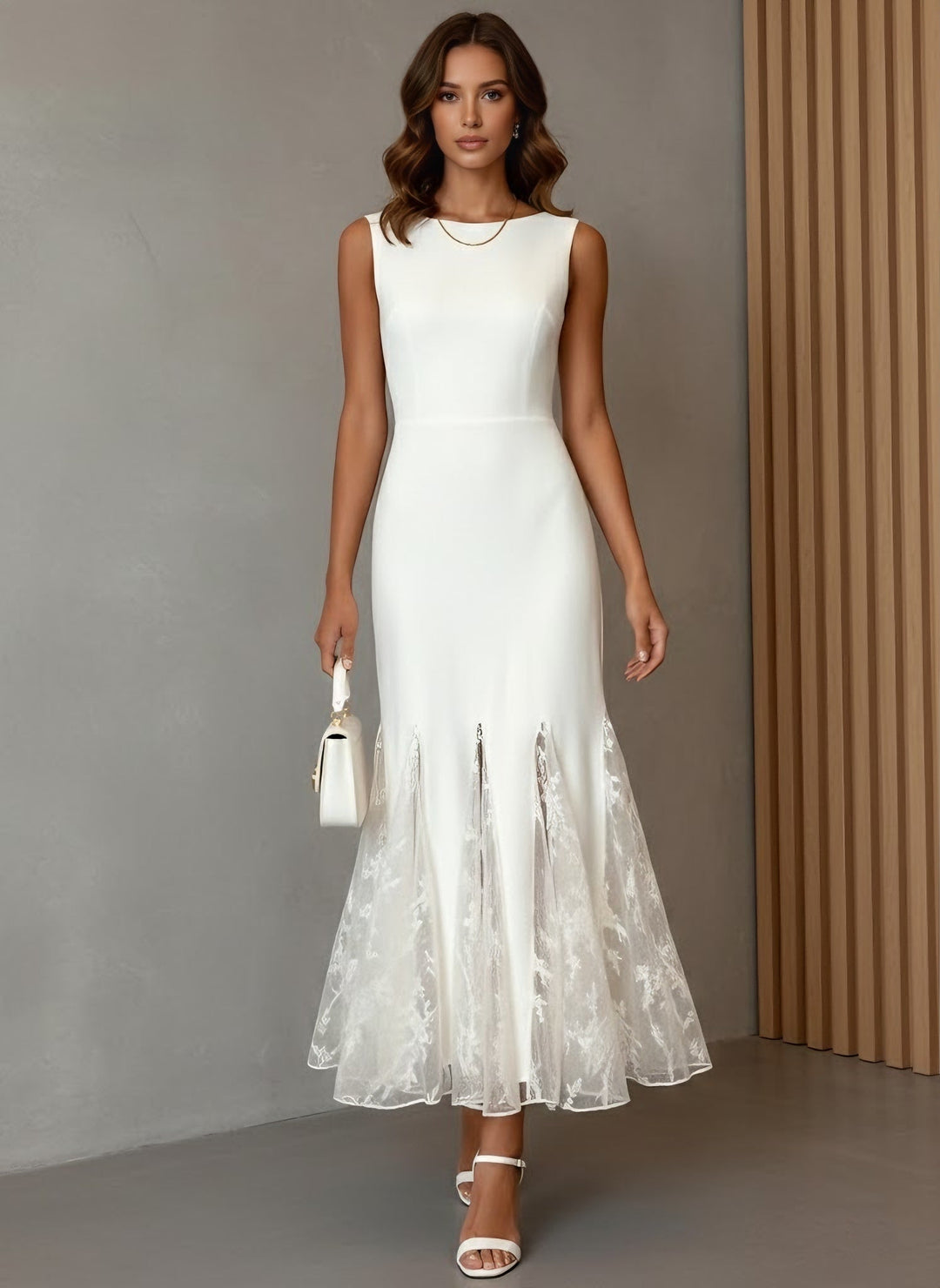 Trumpet/Mermaid Boat Neck Stretch Satin Cocktail Dresses Ankle-Length Lace Sleeveless Formal Dresses