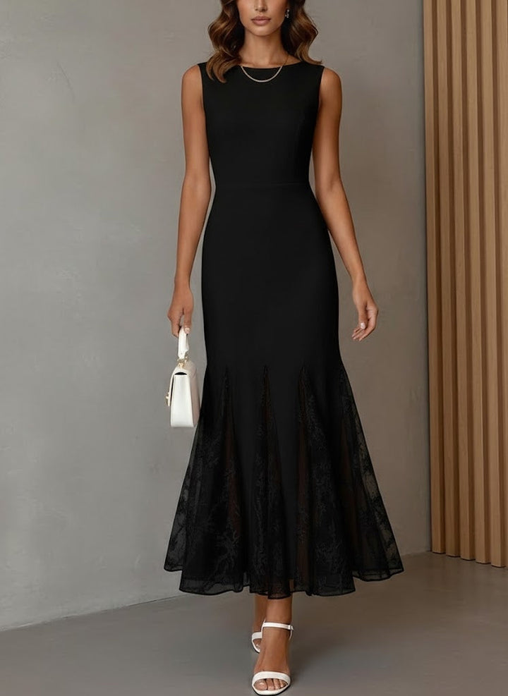 Trumpet/Mermaid Boat Neck Stretch Satin Cocktail Dresses Ankle-Length Lace Sleeveless Formal Dresses