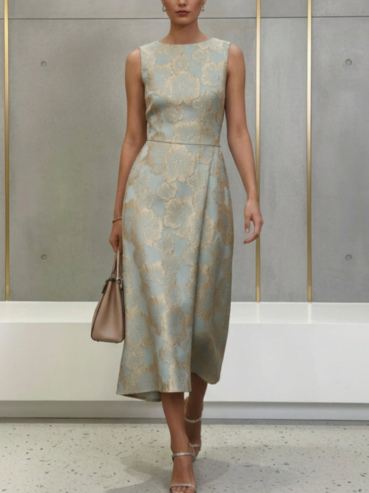 Sheath/Column Scoop Jacquard Cocktail Dresses Tea-Length Sleeveless Floral Formal Dresses