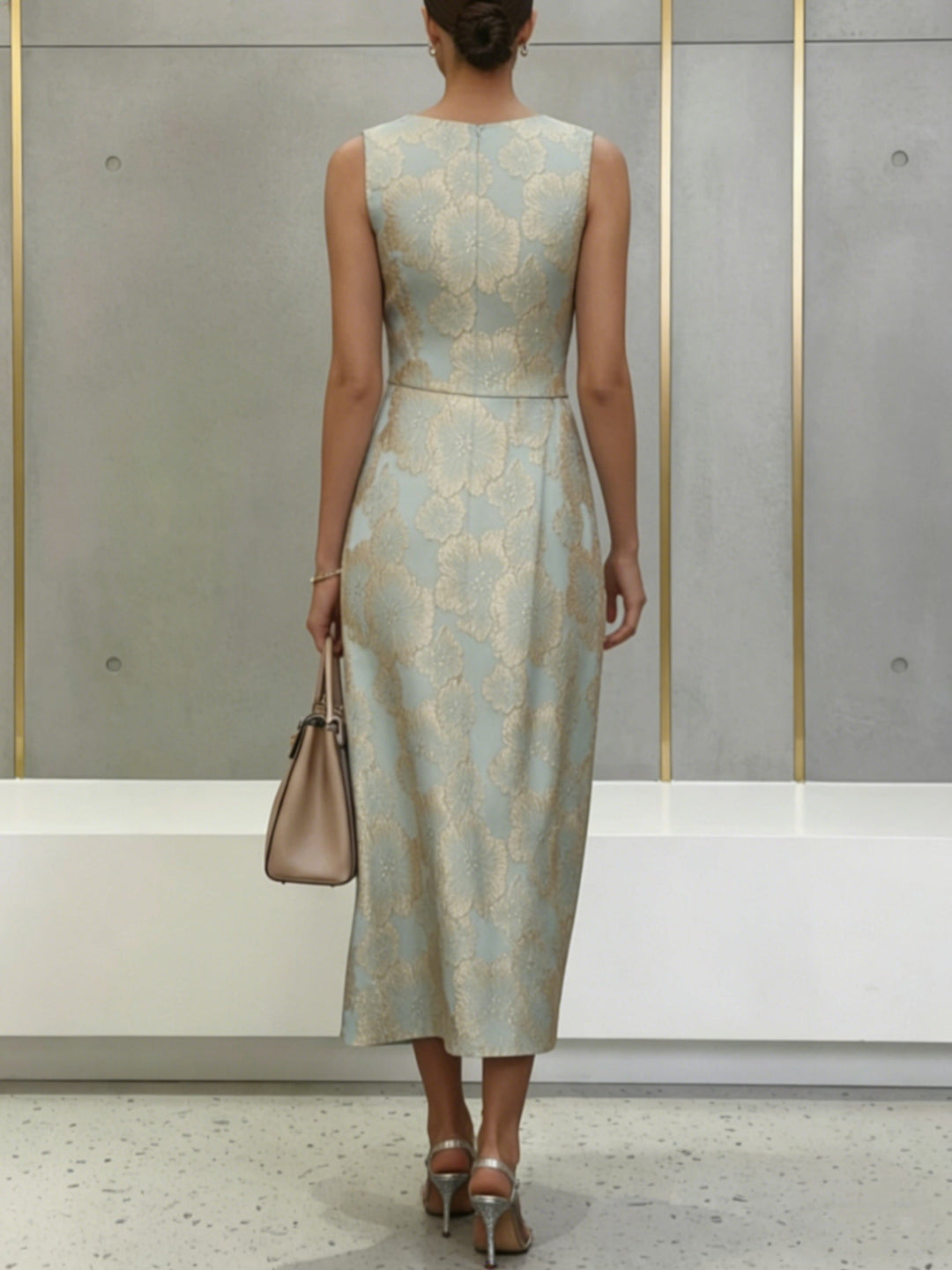 Sheath/Column Scoop Jacquard Cocktail Dresses Tea-Length Sleeveless Floral Formal Dresses