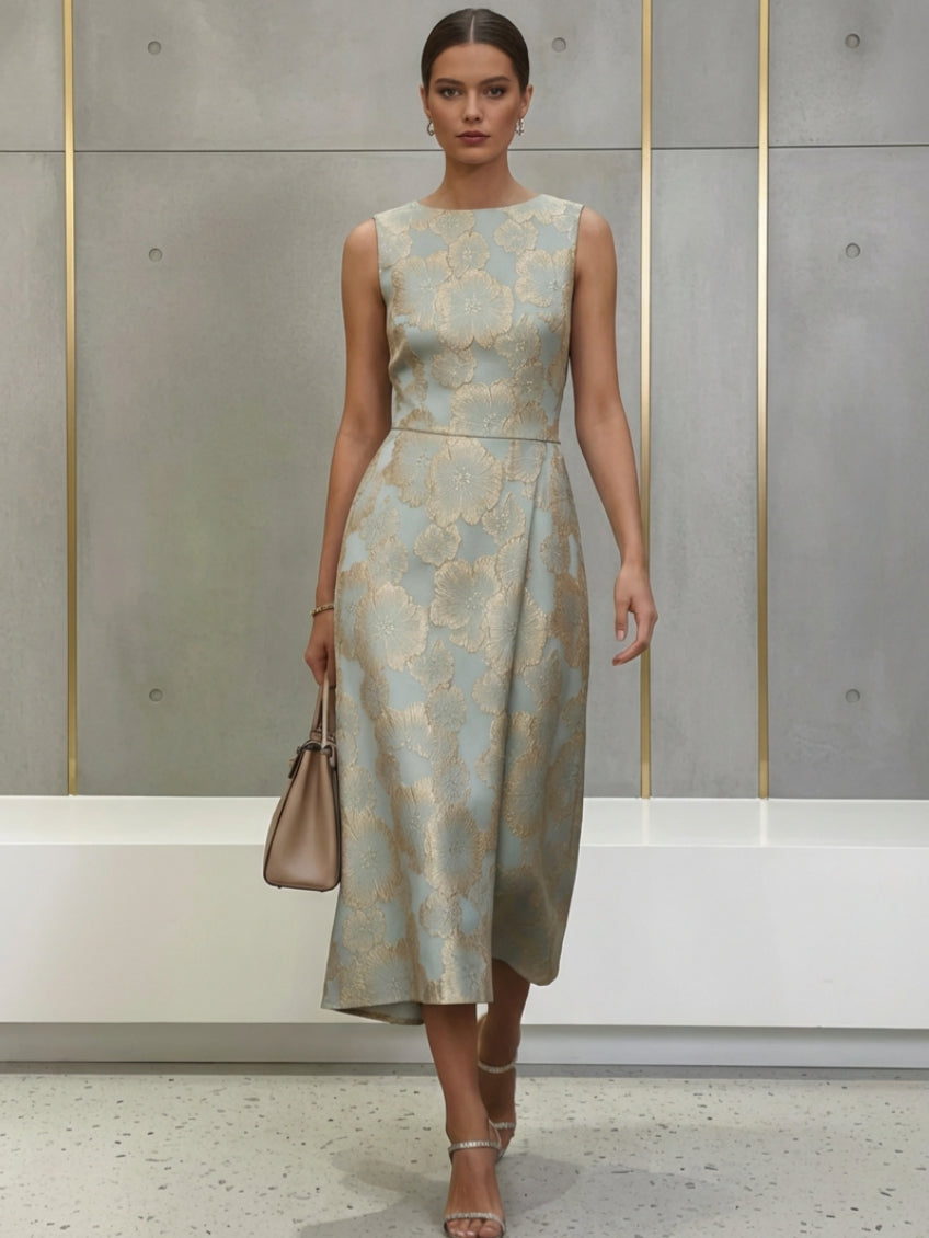 Sheath/Column Scoop Jacquard Cocktail Dresses Tea-Length Sleeveless Floral Formal Dresses