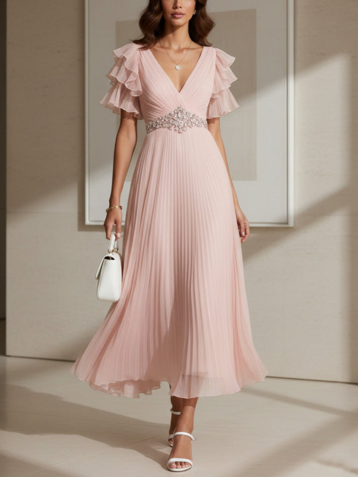 A-Line/Princess V-Neck Chiffon Cocktail Dresses with Sash Tea-Length Short Sleeves Ruffle Sleeves Formal Dresses