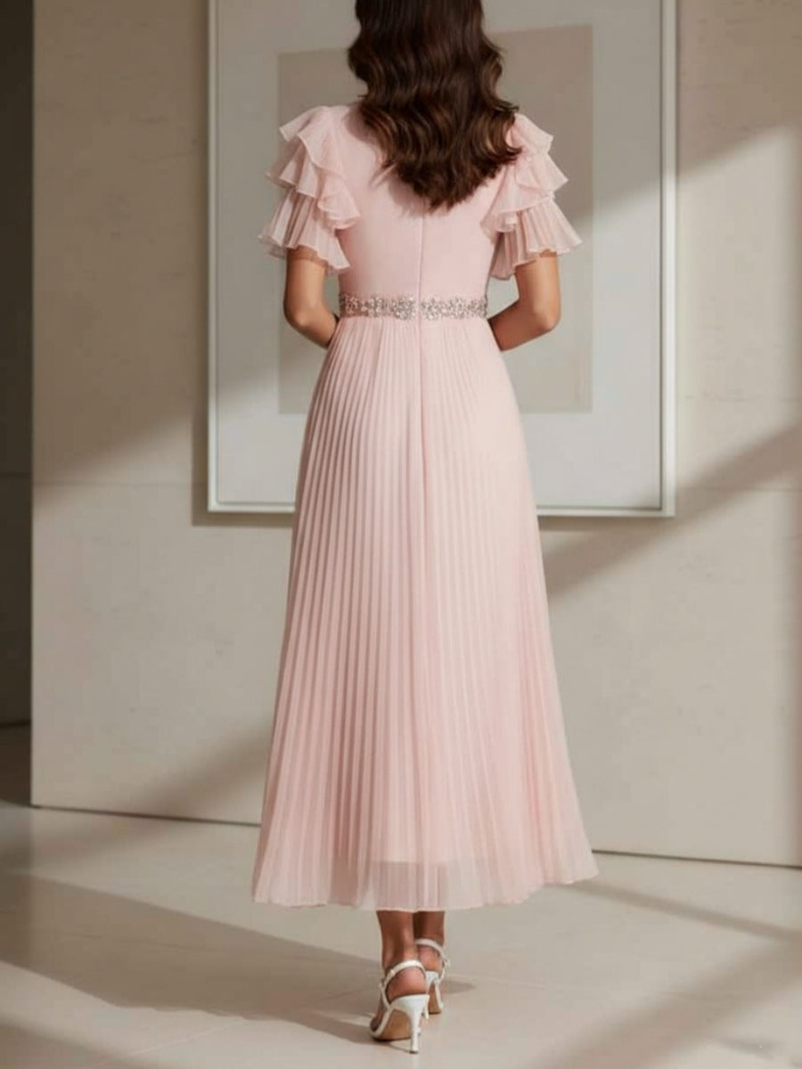 A-Line/Princess V-Neck Chiffon Cocktail Dresses with Sash Tea-Length Short Sleeves Ruffle Sleeves Formal Dresses