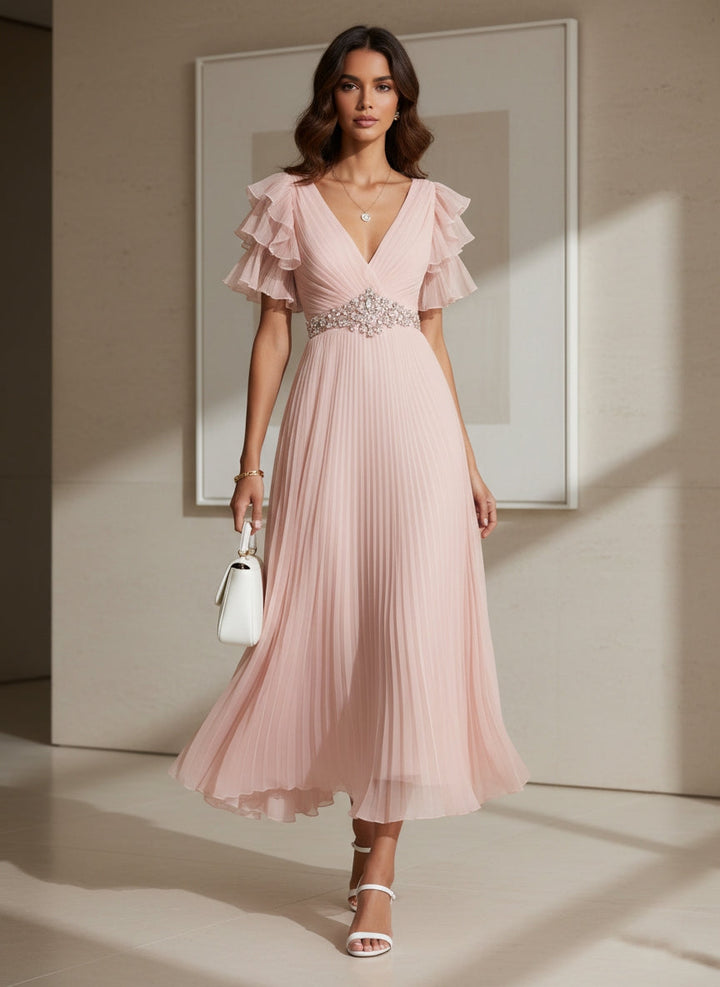 A-Line/Princess V-Neck Chiffon Cocktail Dresses with Sash Tea-Length Short Sleeves Ruffle Sleeves Formal Dresses