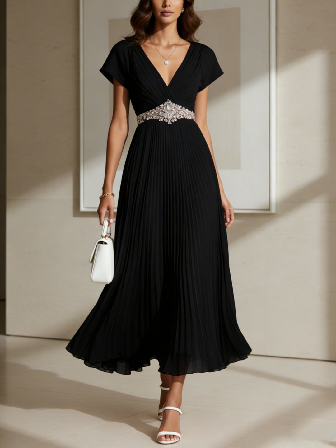 A-Line/Princess V-Neck Chiffon Cocktail Dresses with Sash Tea-Length Short Sleeves Ruffle Sleeves Formal Dresses