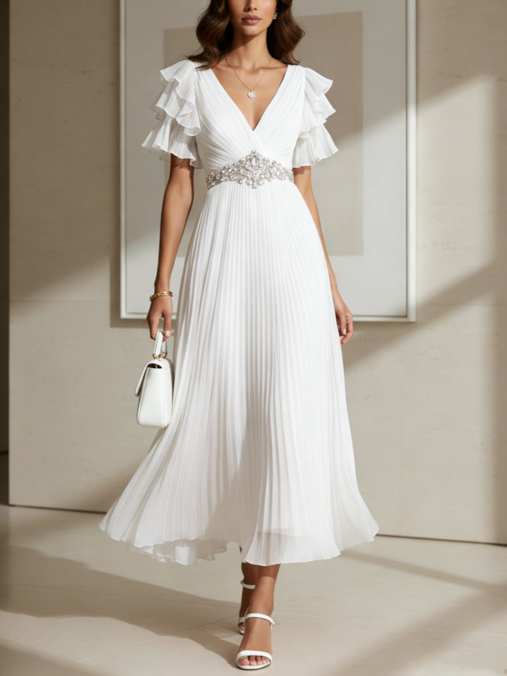 A-Line/Princess V-Neck Chiffon Cocktail Dresses with Sash Tea-Length Short Sleeves Ruffle Sleeves Formal Dresses