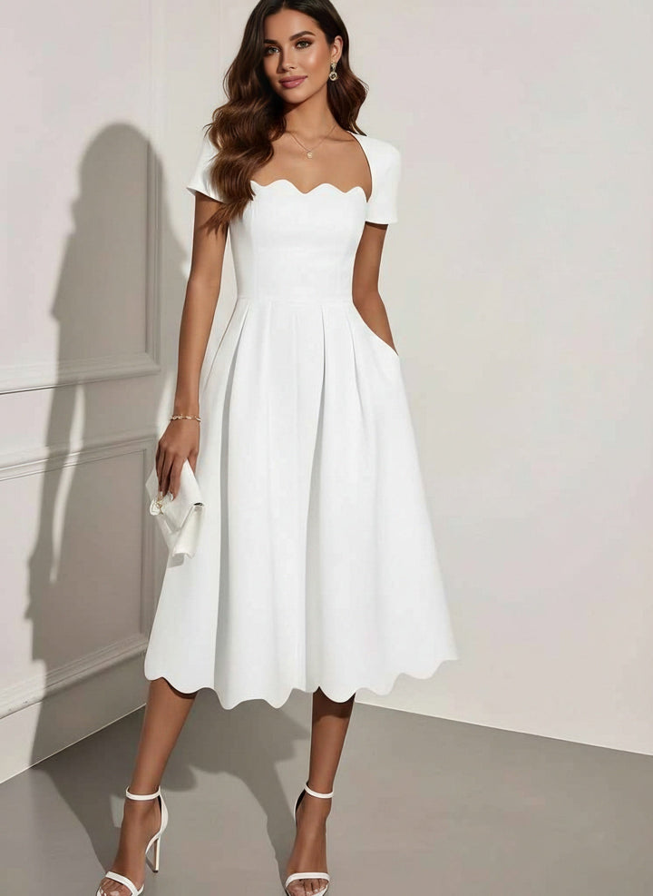 A-Line/Princess Square Neck Stretch Satin Cocktail Dresses Tea-Length Short Sleeves Pleated Formal Dresses