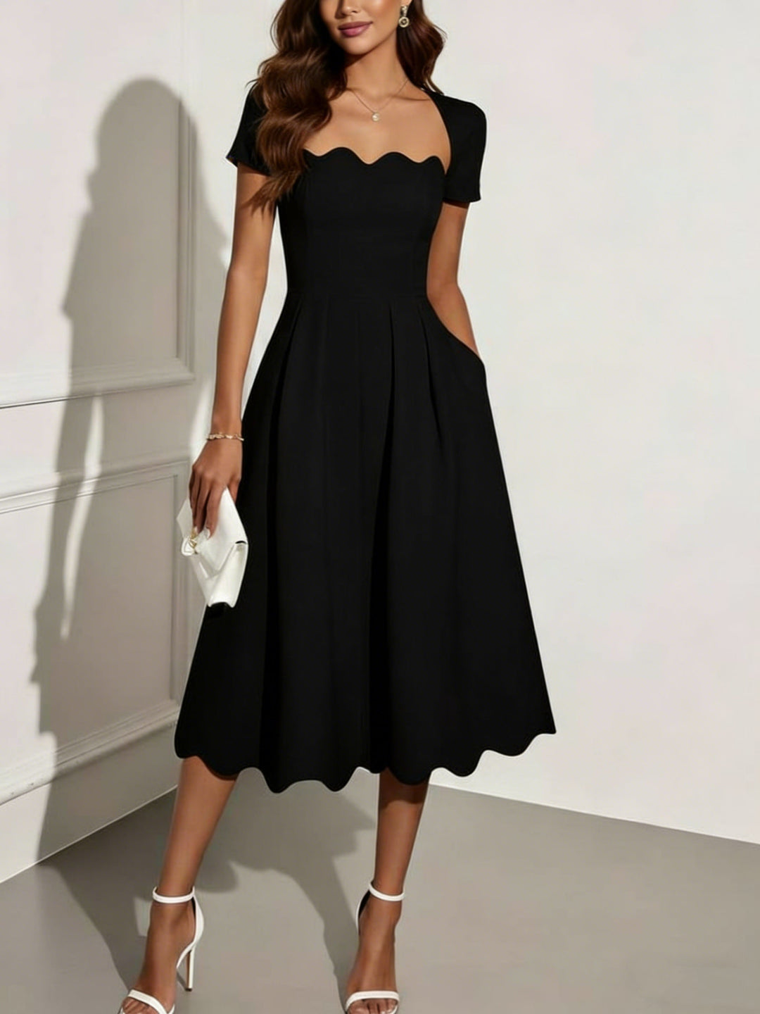 A-Line/Princess Square Neck Stretch Satin Cocktail Dresses Tea-Length Short Sleeves Pleated Formal Dresses