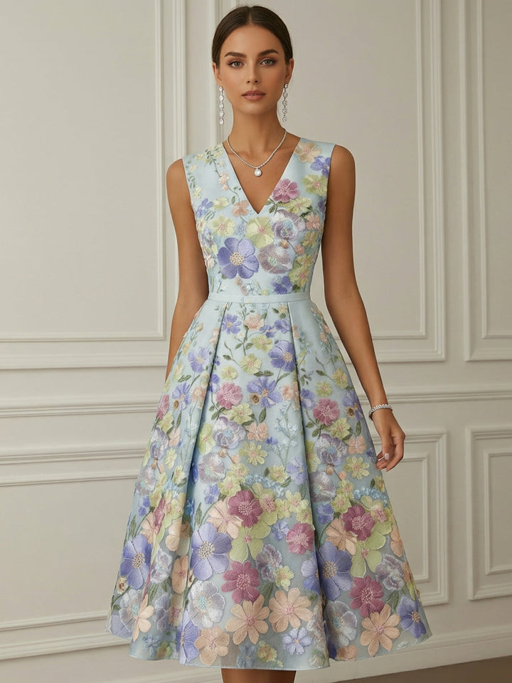 A-Line/Princess V-Neck Lace Floral Cocktail Dresses Tea-Length Sleeveless Formal Dresses