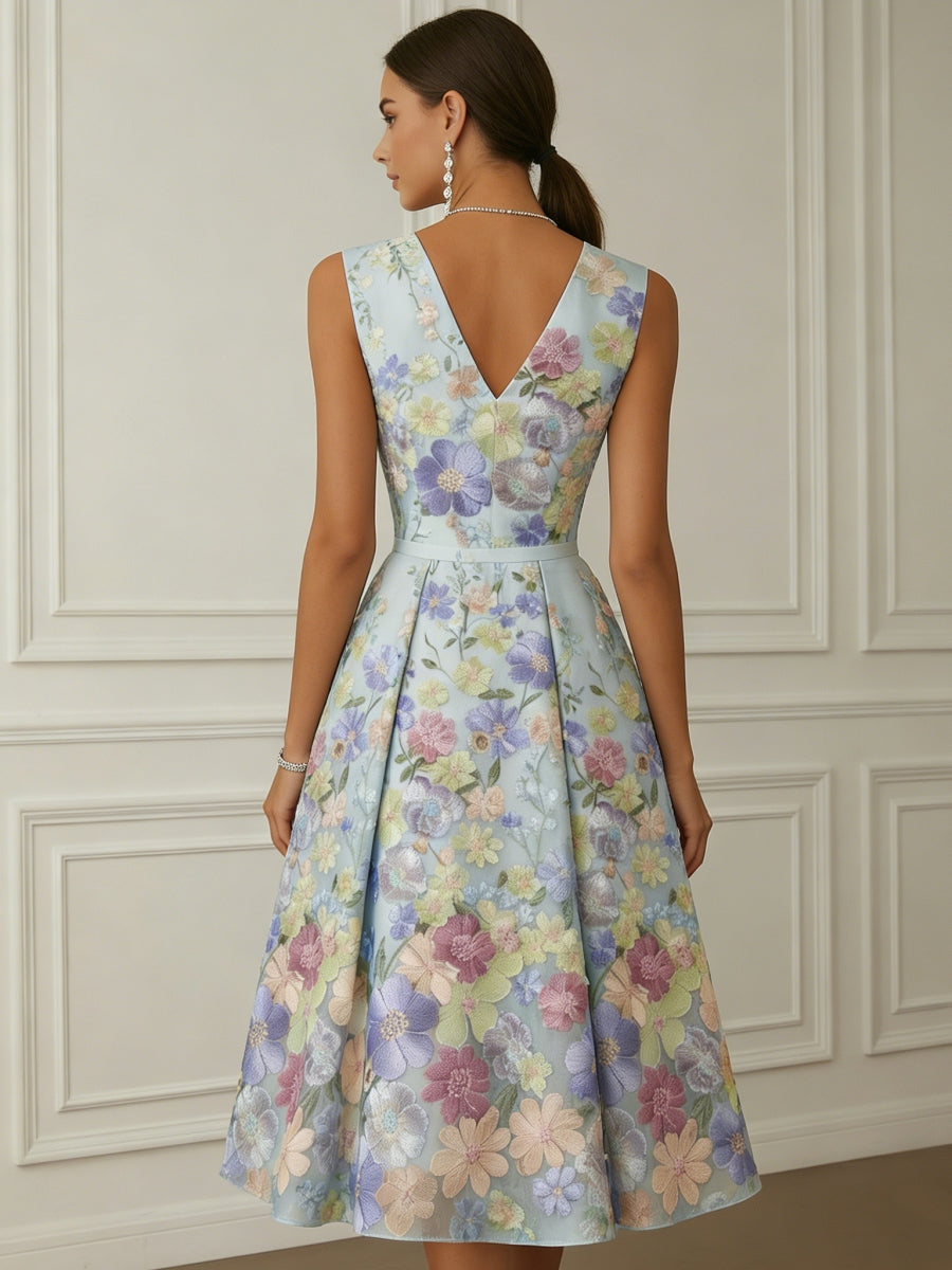 A-Line/Princess V-Neck Lace Floral Cocktail Dresses Tea-Length Sleeveless Formal Dresses