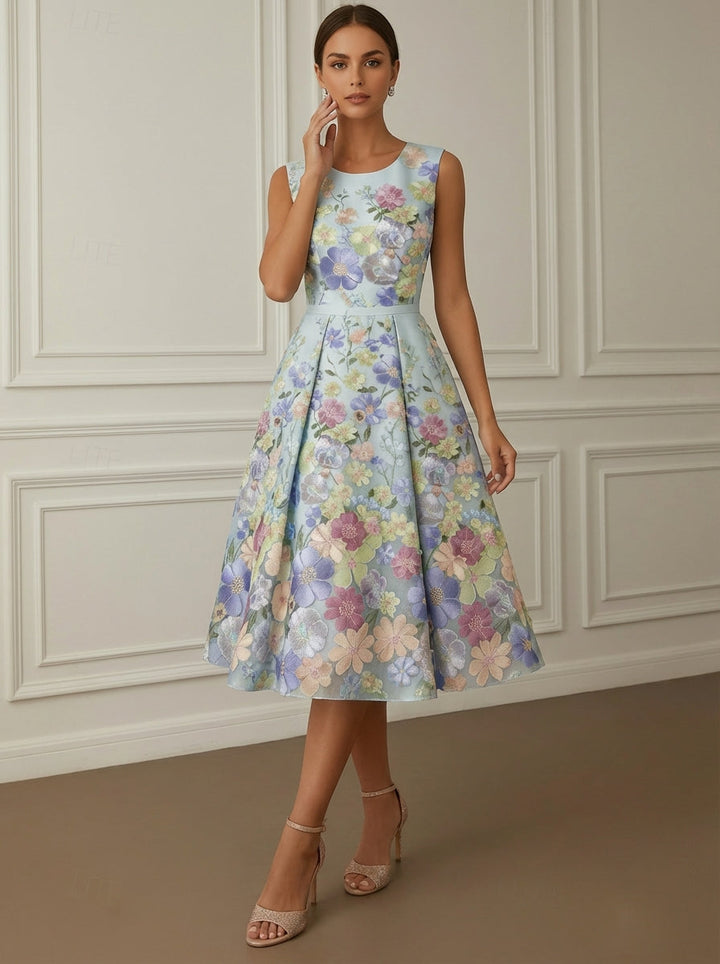 A-Line/Princess V-Neck Lace Floral Cocktail Dresses Tea-Length Sleeveless Formal Dresses