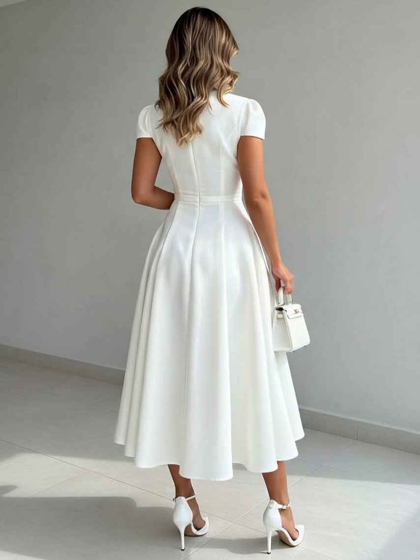 A-Line/Princess V-Neck Satin Cocktail Dresses Cap Sleeves Tea-Length Pleated Formal Dresses