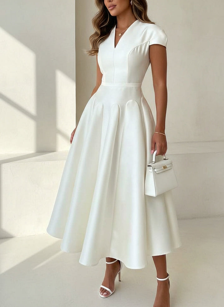 A-Line/Princess V-Neck Satin Cocktail Dresses Cap Sleeves Tea-Length Pleated Formal Dresses