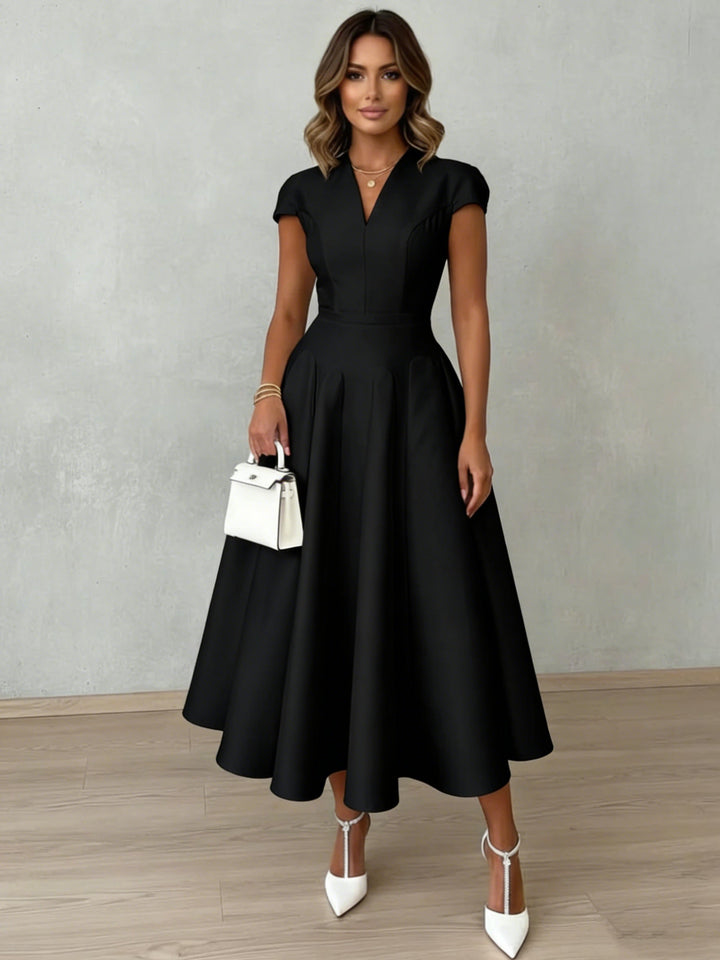 A-Line/Princess V-Neck Satin Cocktail Dresses Cap Sleeves Tea-Length Pleated Formal Dresses