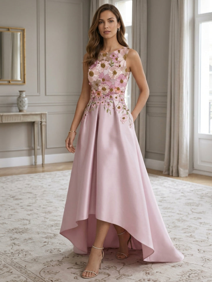 A-Line/Princess Scoop Satin Cocktail Dresses Asymmetrical Floor-Length Sleeveless Floral Lace Embroidery Formal Dresses
