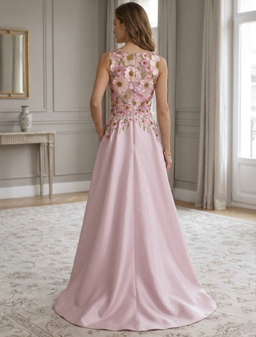 A-Line/Princess Scoop Satin Cocktail Dresses Asymmetrical Floor-Length Sleeveless Floral Lace Embroidery Formal Dresses