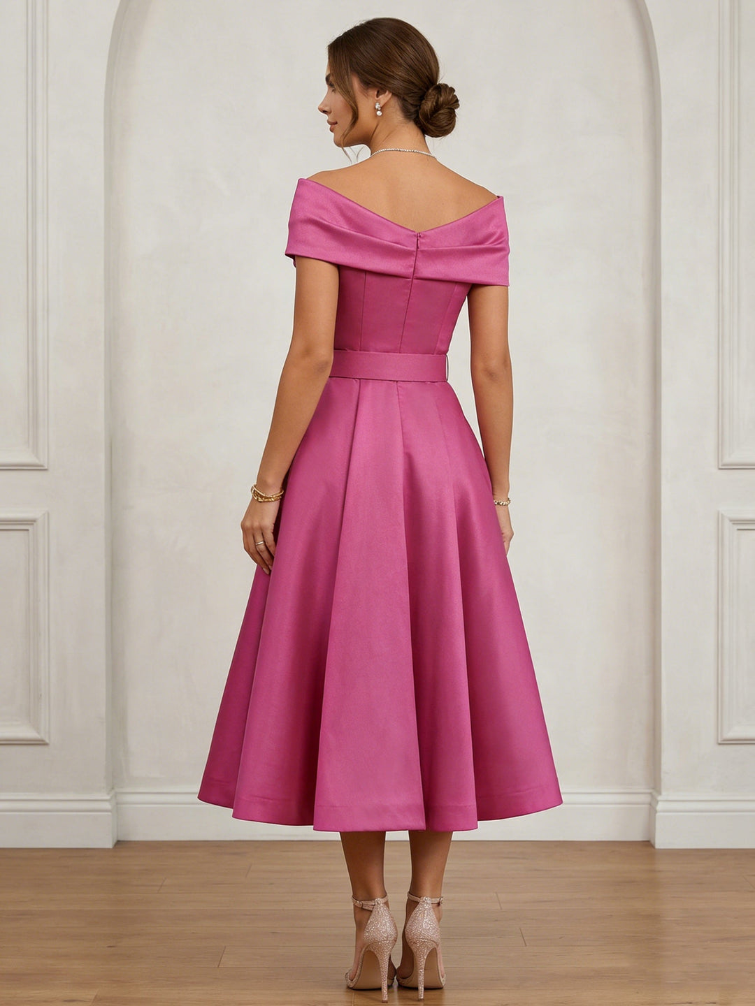 A-Line/Princess Off-the-Shoulder Cocktail Dresses Tea-Length Sleeveless Belt Formal Dresses