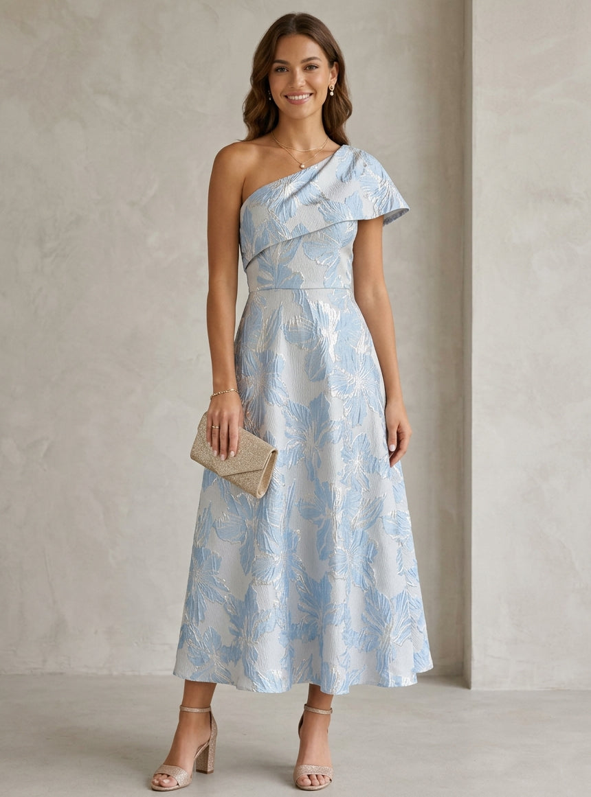 A-Line/Princess One-Shoulder Jacquard Cocktail Dresses Tea-Length Sleeveless Floral Formal Dresses