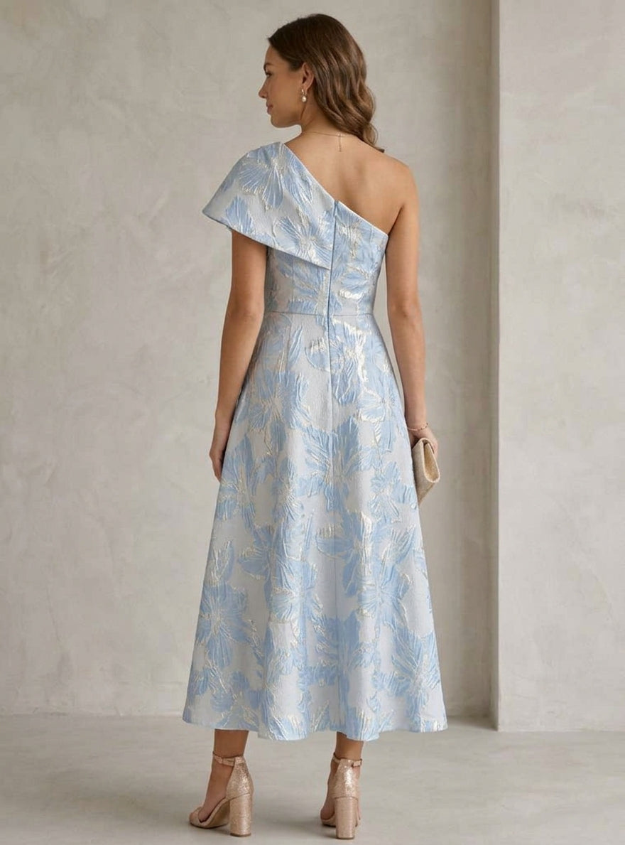 A-Line/Princess One-Shoulder Jacquard Cocktail Dresses Tea-Length Sleeveless Floral Formal Dresses