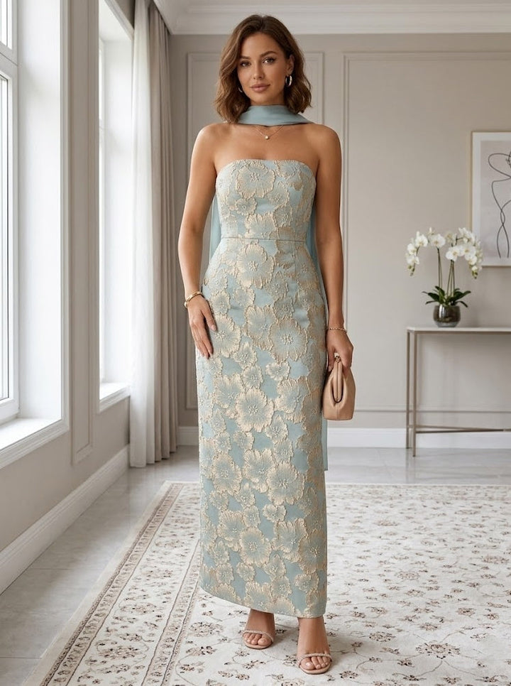 Sheath/Column Strapless Jacquard Cocktail Dresses with Scarf Ankle-Length Sleeveless Floral Formal Dresses
