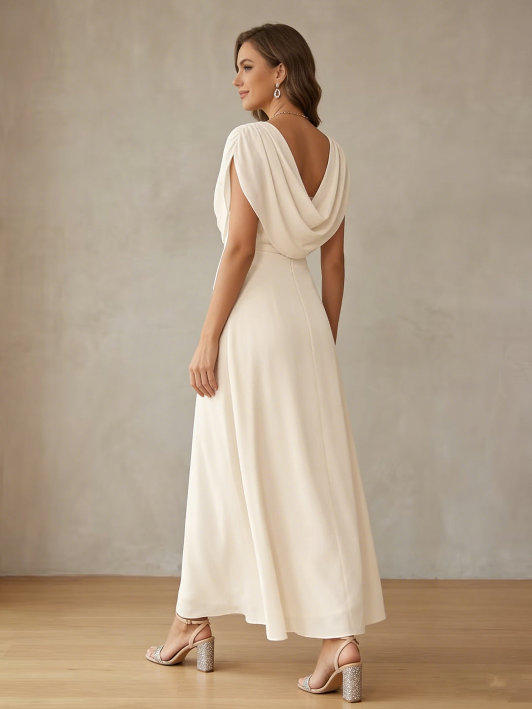 A-Line/Princess Cowl Neck Chiffon Cocktail Dresses Little White Dresses Ankle-Length Sleeveless Graduation Dress