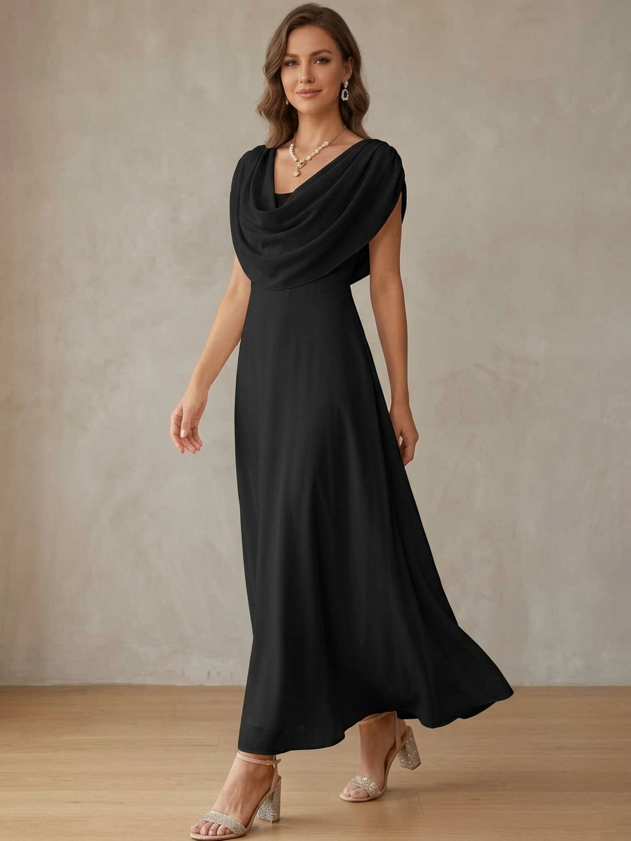 A-Line/Princess Cowl Neck Chiffon Cocktail Dresses Little White Dresses Ankle-Length Sleeveless Graduation Dress