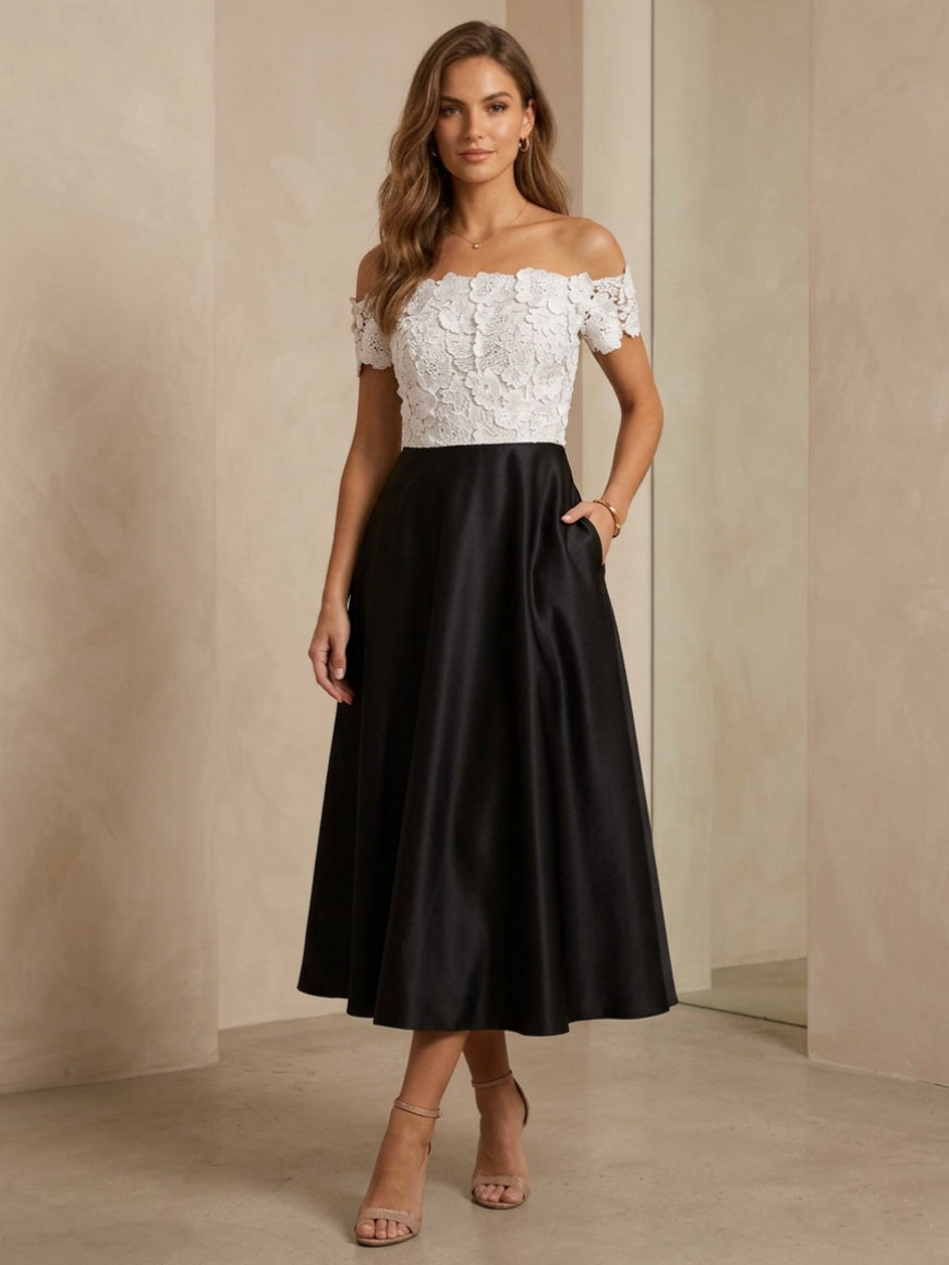 A-Line/Princess Off-the-Shoulder Satin Cocktail Dresses Lace Tea-Length Sleeveless Formal Dresses