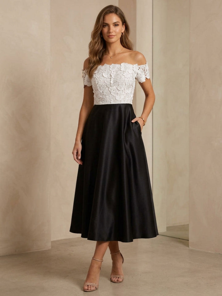 A-Line/Princess Off-the-Shoulder Satin Cocktail Dresses Lace Tea-Length Sleeveless Formal Dresses