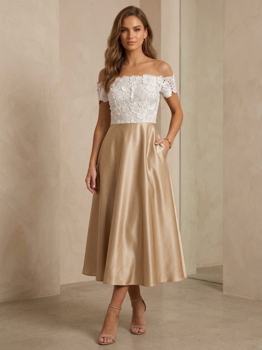 A-Line/Princess Off-the-Shoulder Satin Cocktail Dresses Lace Tea-Length Sleeveless Formal Dresses