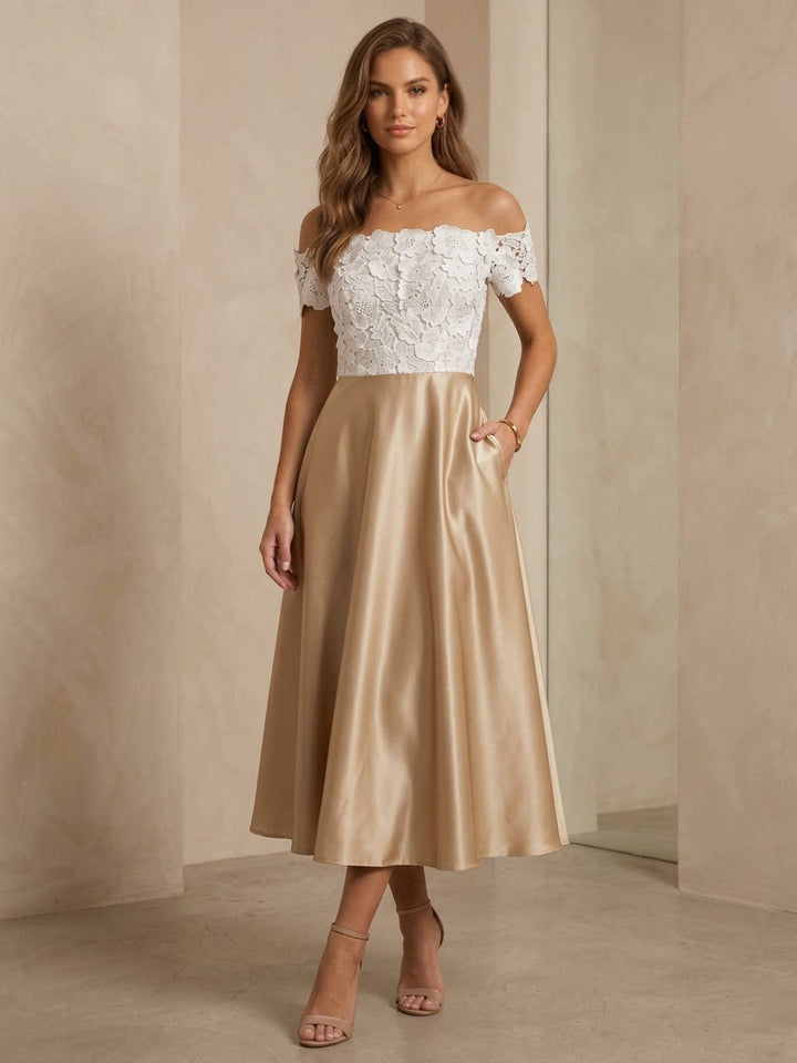 A-Line/Princess Off-the-Shoulder Satin Cocktail Dresses Lace Tea-Length Sleeveless Formal Dresses