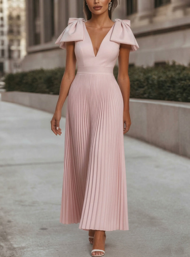 A-Line/Princess V-Neck Chiffon Cocktail Dresses Ankle-Length Sleeveless with Bowknot Formal Dress