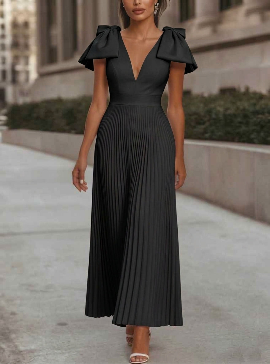 A-Line/Princess V-Neck Chiffon Cocktail Dresses Ankle-Length Sleeveless with Bowknot Formal Dress