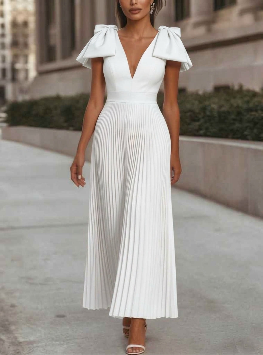 A-Line/Princess V-Neck Chiffon Cocktail Dresses Ankle-Length Sleeveless with Bowknot Formal Dress