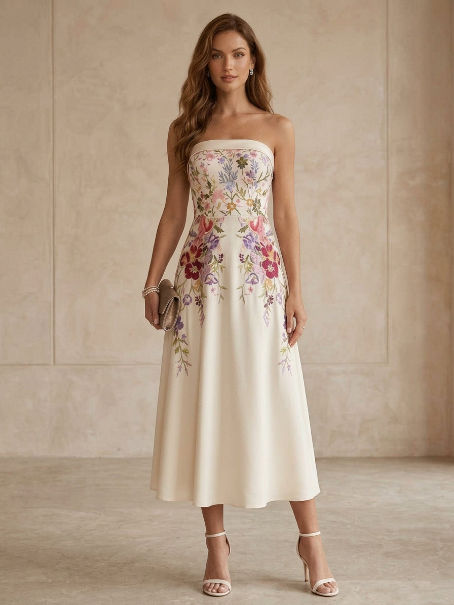 A-Line/Princess Strapless Satin Cocktail Dresses Little White Dresses Tea-Length Sleeveless Floral Graduation Dress