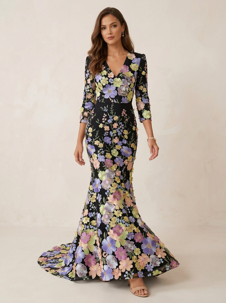 Trumpet/Mermaid V-Neck Lace Evening Dresses Floral Embroidery Floor-Length 3/4 Sleeves Party Dresses