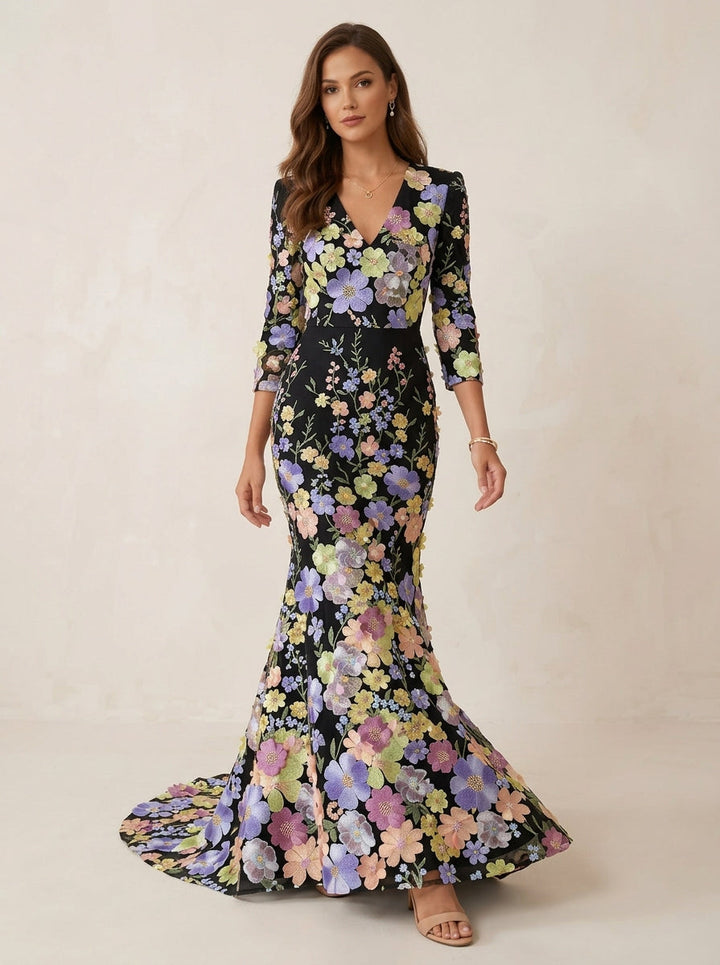 Trumpet/Mermaid V-Neck Lace Evening Dresses Floral Embroidery Floor-Length 3/4 Sleeves Party Dresses