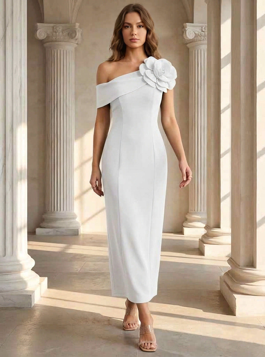 Sheath/Column One-Shoulder Stretch Satin Cocktail Dresses Sleeveless Tea-Length 3D Flower Formal Dresses