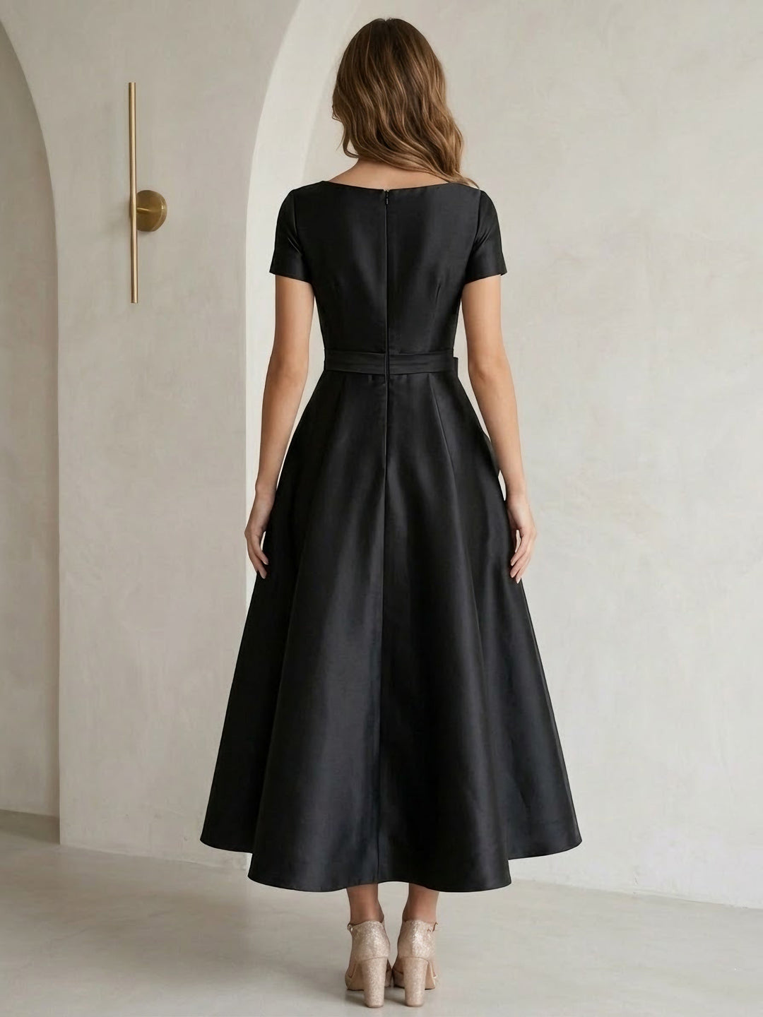 A-Line/Princess Scoop Satin Cocktail Dresses with Bowknot Short Sleeves Tea-Length Formal Dresses