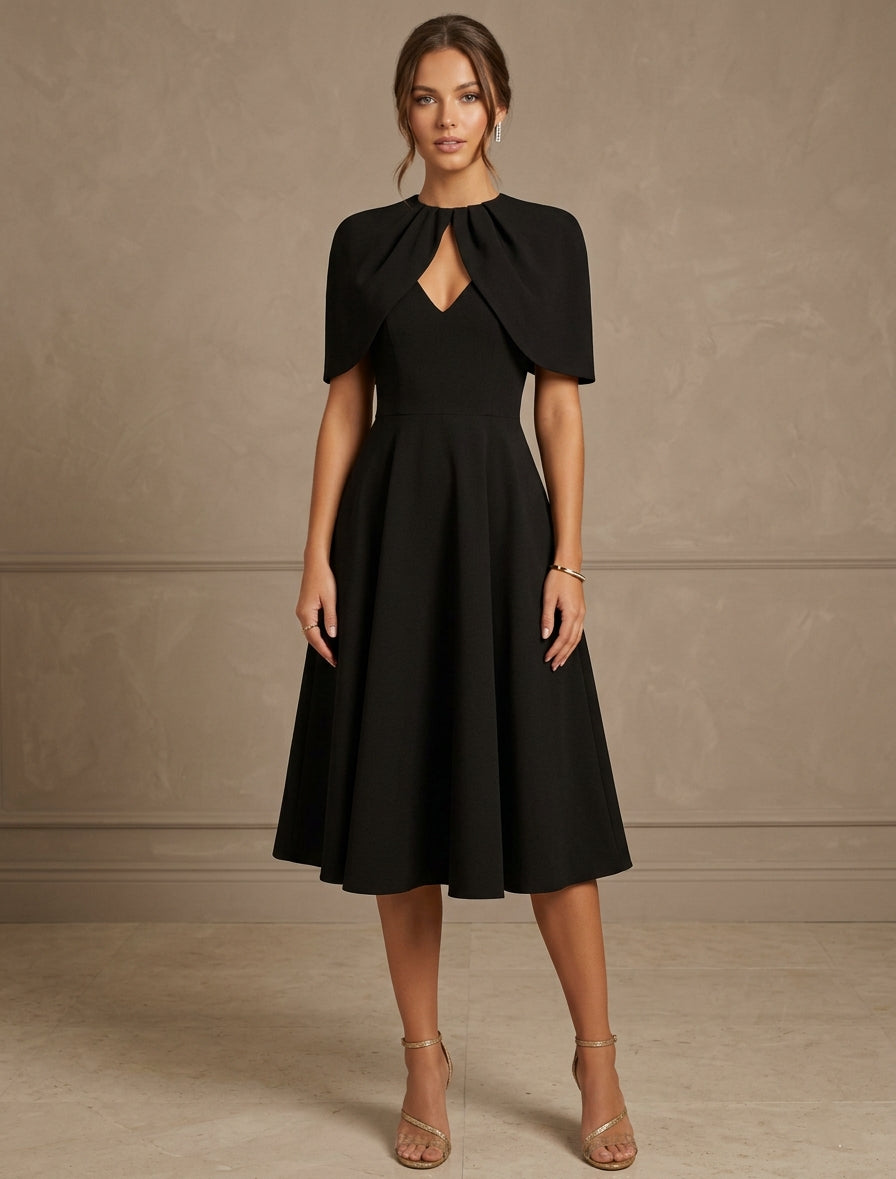 A-Line/Princess Scoop Stretch Satin Cocktail Dresses Cape Sleeves Tea-Length Pleated Formal Dresses