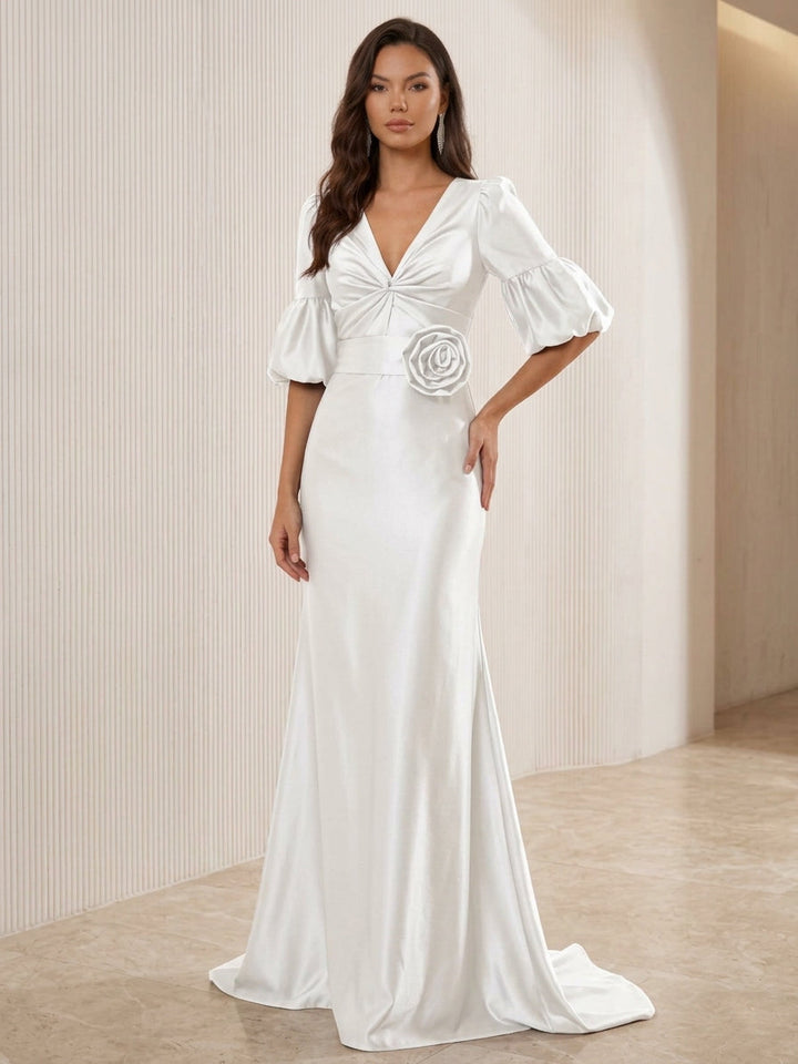 Trumpet/Mermaid V-Neck Satin Evening Dresses with 3D Flower Half Puff Sleeves Floor-Length Party Dresses