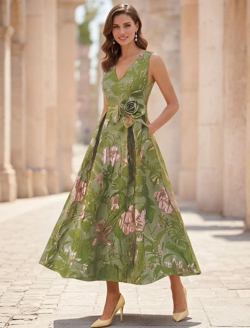 A-Line/Princess V-Neck Jacquard Cocktail Dresses with 3D Flower Tea-Length Sleeveless Floral Formal Dresses