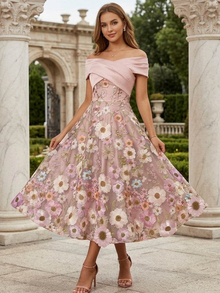 A-Line/Princess Off-the-Shoulder Cocktail Dresses Tea-Length Sleeveless Floral Lace Embroidery Satin Formal Dresses