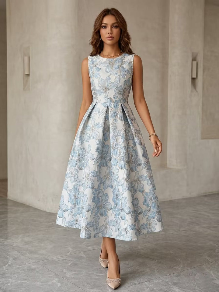 A-Line/Princess Scoop Jacquard Cocktail Dresses Tea-Length Sleeveless Floral Formal Dresses